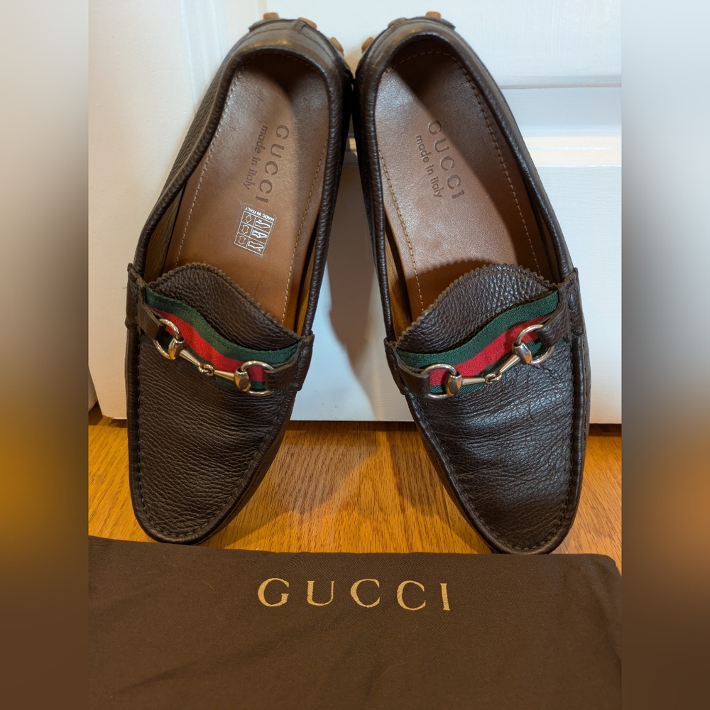 GUCCI 322741 Brown Leather Driver Horsebit Web Men's Loafers 8.5UK - 9.5US